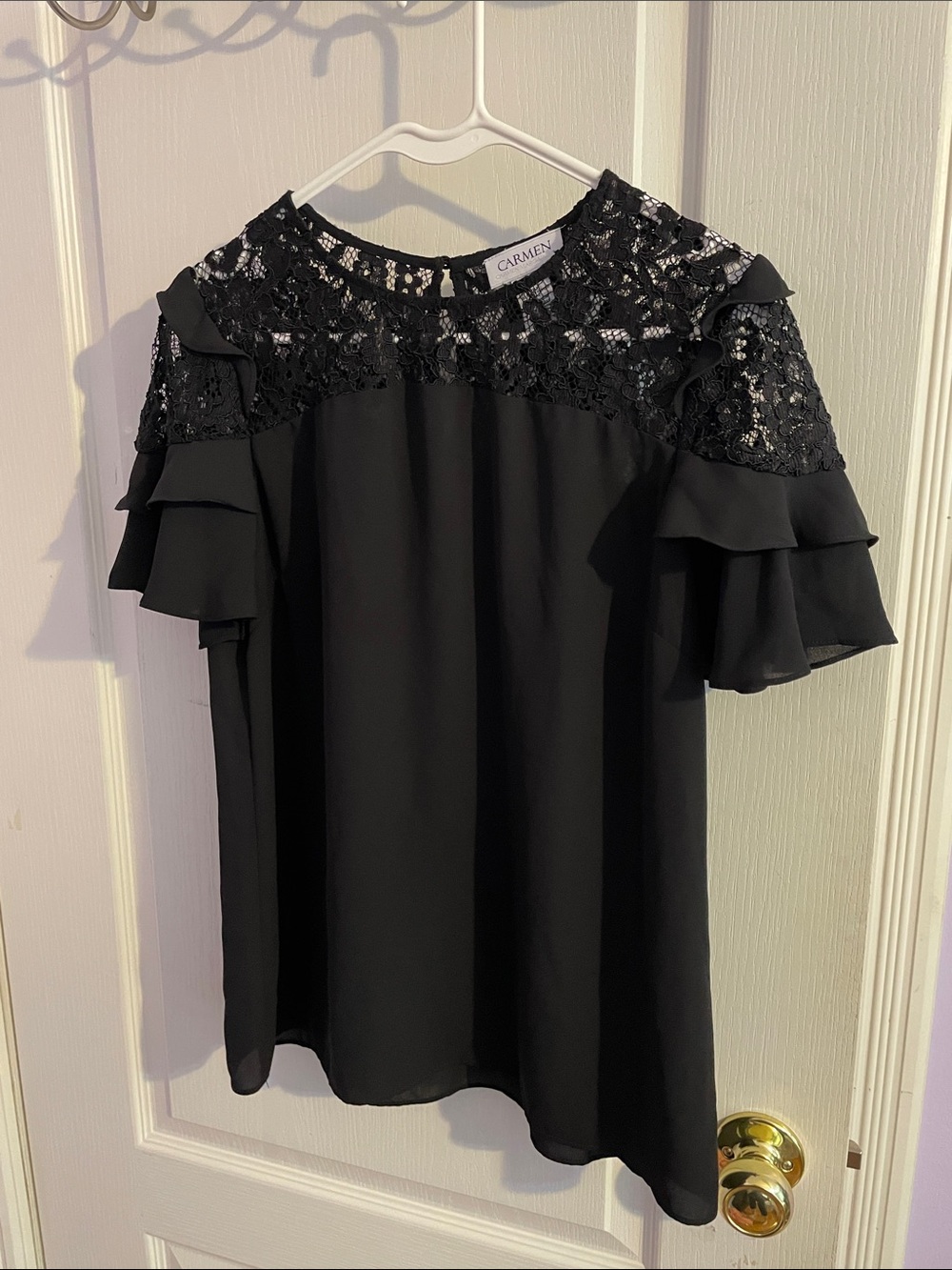 Carmen Marc Valvo Black Lace Yoke Ruffle Sleeve Blouse - size Medium